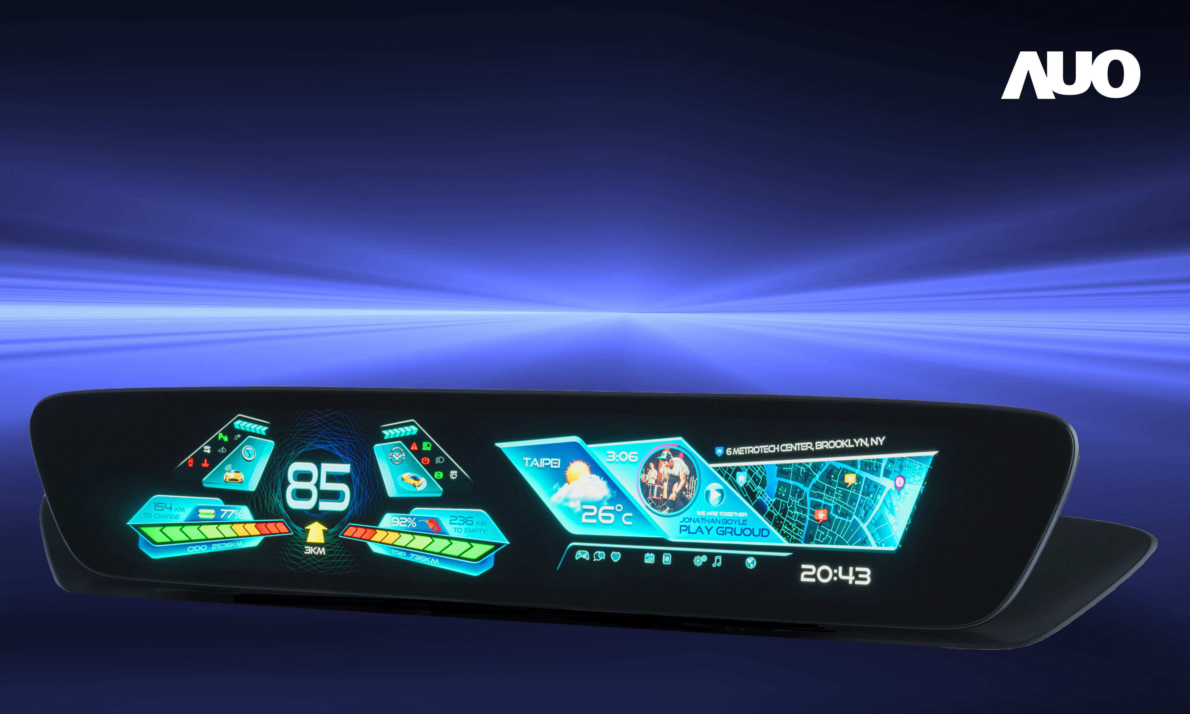 友達30.4吋異形曲面AmLED車載顯示系統，為一兼具儀表板及中控台人機介面的創新車載顯示系統，結合美學設計，提升車內科技沉浸感及使用體驗，讓車載顯示的未來應用更加多元化