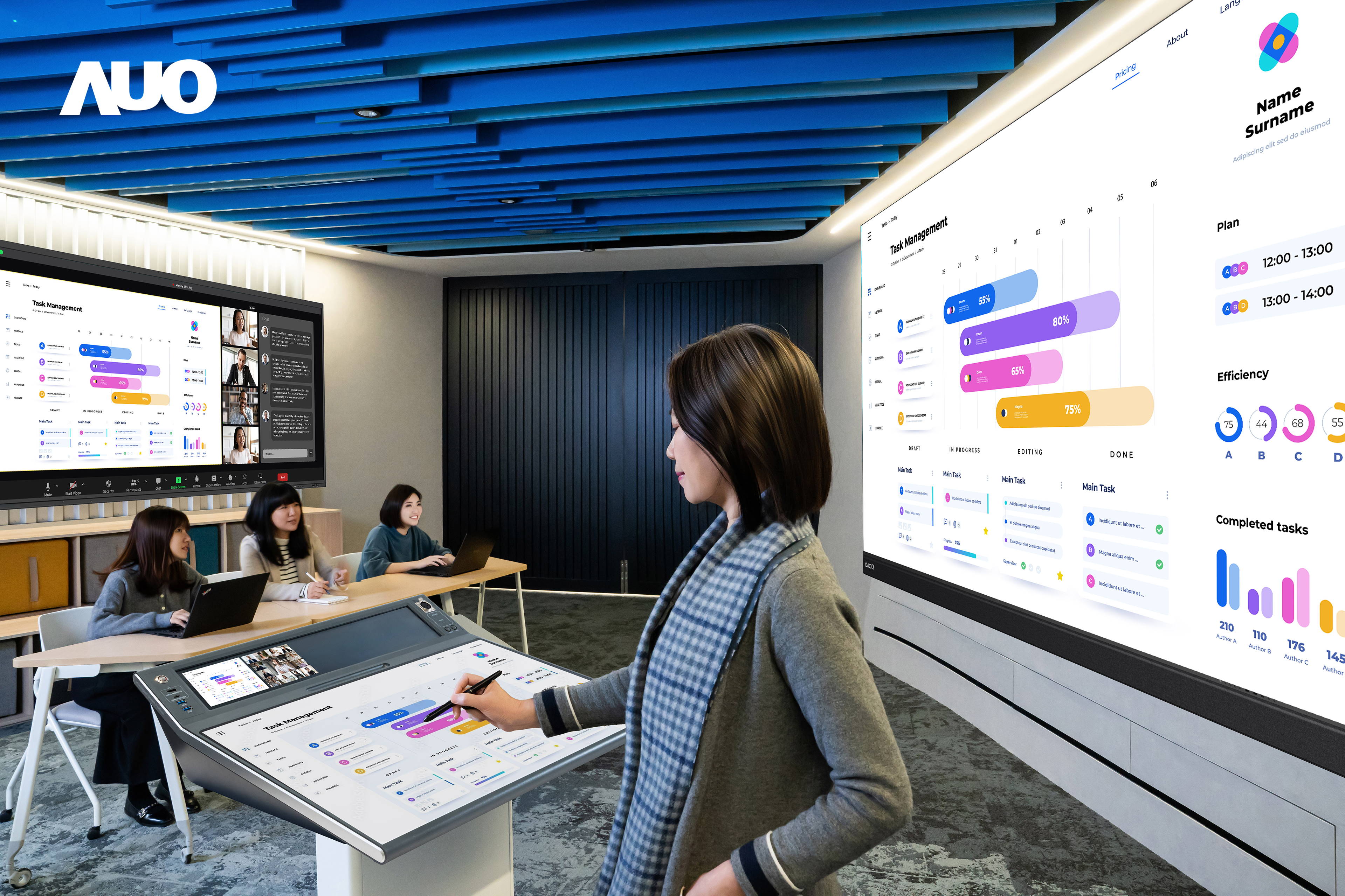 达擎携手Avocor与Rise Vision展示全方位商务领域应用，包含采用模块化设计的138吋一体式All-in-One LED显示器及具21:9超宽比例的92吋交互式电子白板（IFPD），讲者可轻松分享内容，有效提升会议协作效率。